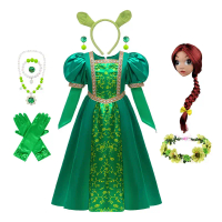 Fiona Princess Costume for Girls – Green Fantasy Role-Play Set with Crown, Wig, and Necklace for Hal