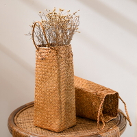 Kens 草編方形手提袋插花籃 編織花袋簡約草編紅酒袋禮品袋