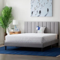 Bed frame, headboard with vertical grooves - padded platform - easy to assemble - California king size bed frame
