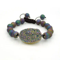 Titanium Colors Agate Druzy Connector Frosted Round Beads Hand-knitted Strand Bracelet Centipede Knot