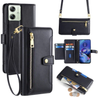 Business Zipper Wallet Card Cover For Motorola G34 G04 G24 G84 G54 G14 Crossbody Case Moto G34 5G with 2 Strap Multi Card Slot