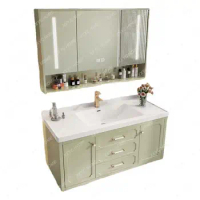 French Smart Solid Wood Bathroom Cabinet Combination Washstand Hand Washing Washbasin Cream Green Bathroom Mirror Cabinet