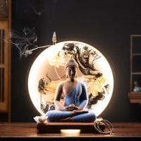 Large Buddha Statue Sakyamuni Buddha Tathagata Buddha Statue Ceramic LED Lamp Ring Decoration Line Incense Burner