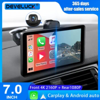 Universal 7" Car DVR Dashcam 4K Carplay Android Auto Front and Rear Camera Dashboard WIFI AUX FM APP Driving Recorder Dual Lens