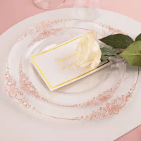 Pink and Gold Plastic Plates - Pink Plastic Dinnerware Sets for 50 Guests - 100 Pink Disposable Plates, 150 Gold Plastic
