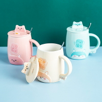可愛馬克杯卡通陶瓷杯子情侶水杯咖啡杯帶蓋勺手機支架杯牛奶杯