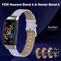Leather Strap For Huawei Band 6 Honor Band 6 Fashion Shiny Leather Strap Printing Replacement Wristband Huawei Band 6