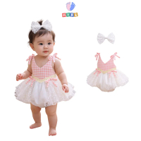 [Kèm Turban] Body váy phối ren chấm bi Hi.Bé cho bé gái từ 3-10Kg chất đũi hàn BV004
