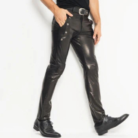 Men's Leather Pants Skinny Moto&amp;Biker Punk Rock Pants Slick Smooth Shiny Leather Trousers Tight Sexiest