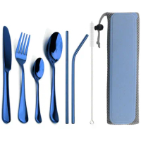 Portable Dinnerware Set Knife Fork Spoon Metal Straw Cutlery Set Tableware With Box Bag For Travel Hiking Picnic Dinner Set
