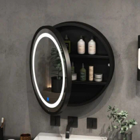 LED Intelligent Bathroom Mirror Cabinet Solid Wood Oval Wall Mounted Circular Mirror with Light Mounted Dressing Mirror Cabinet