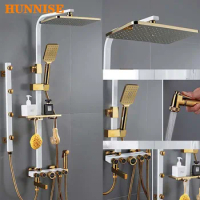 Bathroom Shower Set with Copper Bath Bidet Rainfall Shower Head Chest Spray Shower System White Gold Bathroom Shower Mixer Set