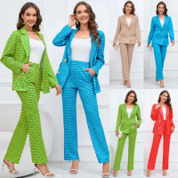 Tesco New Style Women's Autumn Suit Double Breasted Plaid Blazer Sets For Party Straight Leg Trouser For Women Wear blazer mujer