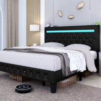 King Size Bed Frame with LED Light Leather Platform Bed Frame