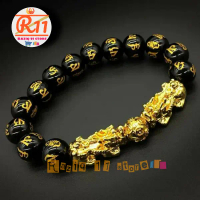 Gelang 2 Pixiu Jumbo Naga Emas Batu Obsidian gelang elastis Gold Bracelets