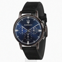 【MASERATI 瑪莎拉蒂】MASERATI手錶型號R8871630002(寶藍色錶面黑錶殼深黑色真皮皮革錶帶款)