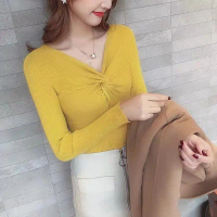 Spring and Autumn V-Neck Knitted Top for Women 2023 Autumn and Winter Sexy Cross Slim Long Sleeve Ba