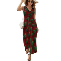 Sparkly Christmas Tree Dress Retro Print Aesthetic Bohemia Long Dresses Women Cute Pattern Maxi Dress Gift Idea