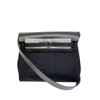 HERMES 愛馬仕 MINI Herbag帆布拼牛皮肩背包/斜背包(黑銀/限量砝郎扣)