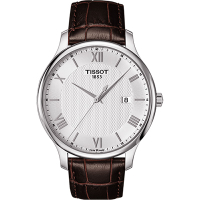 TISSOT 天梭 官方授權 Tradition 羅馬經典大三針石英腕錶 送禮推薦-銀x咖啡/42mm T0636101603800
