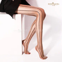 Rosesakura series eight vertical lines 7328 oil flash sleek smooth thin tights slim black silk stockings open fork