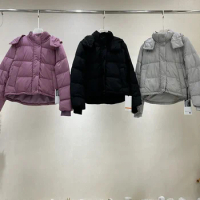 2023 Autumn/Winter Solid Standing Neck Double Pocket Short Four Grid eider Down Hooded woman Coat