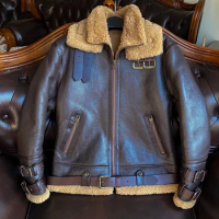 B3 Heavyweight Original Ecological Leather Fur Integrated Leather Coat Men's Thickened Flight Jacket Winter Couple Motorcycle
