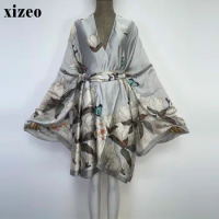 XIZEO Summer Women Cardigan kaftan fashion sexy Boho African Holiday free size long Sleeve Silk feeling kimono with belt