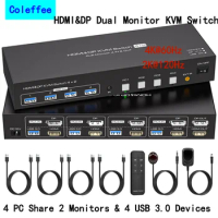 4K HDMI DP KVM Switch 2 Monitors 4 Computers 4K@60Hz 2K@120Hz Dual Displayport USB 3.0 Switcher for 4 PC Share Keyboard Mouse