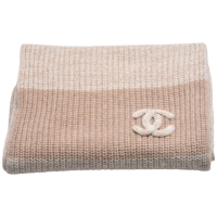 【CHANEL 香奈兒】經典雙C LOGO雙色喀什米爾針織羊毛圍巾(米色AAA147-BEIGE)