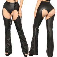 lady sexy punk rock club night bar leggings hallow out hole PP imitation leather pants disco party ripped pant