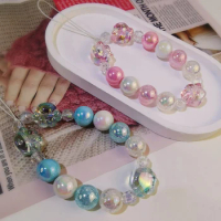 Mobile Phone Strap Short Wrist Colorful Cat Palm Bead Beads Bursting Round Bead Pendant Universal Phone Case Anti Drop Sling