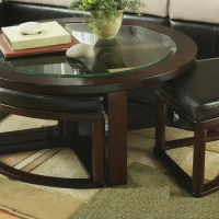 Roundhill Furniture Cylina Solid Wood Glass Top Round Coffee Table with 4 Stools, Espresso