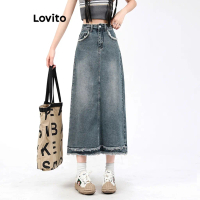 Lovito - Skirt denim untuk wanita, kasual, polos, labuh mentah, biru, LNE29408