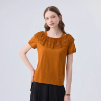 【ILEY 伊蕾】蕾絲領露肩絲光棉上衣(桔色；M-XL；1242161239)
