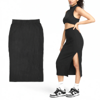 【NIKE 耐吉】長裙 NSW Chill Knit Skirt 女款 黑 針織 彈性 開衩 裙子(FQ1637-010)