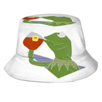 Kermit Flat Top Breathable Bucket Hats The Frog Drinking Tea Meme Meme The Show