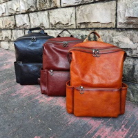 Leather Backpack Men's Cow Leather Backpack Casual Laptop Bag Fashion Retro Men's Bag Schoolbag Korean Fashion