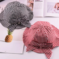 DHL 200pcs Baby Summer Sun Hat Lovely Red Black Plaid with Bowknot Pearl Bucket Cap Outdoor Hat