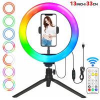 13\ RGB Selfie Ring Light Tripod Stand Phone Holder Dimmable LED Ringlight for Live Stream/Makeup/Yo