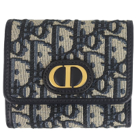 Dior MONTAIGNE 藍色緹花布翻蓋三折短夾(4卡)