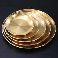 韓式不銹鋼盤子圓盤金色家用烤肉盤菜盤骨碟菜碟餐盤托盤平盤淺盤