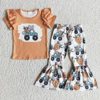 Easter Toddler Girl Short Sleeve Little Flying Sleeve Orange Top Carrot Bunny Trolley Print Bell Pants Kids Boutique Clothing