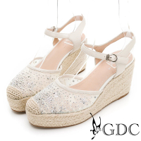 【GDC】蕾絲甜心水鑽簍空草編春夏楔型厚底涼鞋-米色(312432-10)