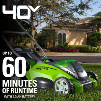 Greenworks 40V 16" Cordless Electric Lawn Mower + 40V Sweeper (150 MPH), 4.0Ah Battery and Charger Included