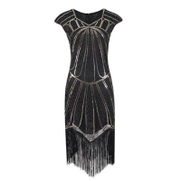 Vintage 1920s Flapper Great Gatsby Dress V-Neck Cap Sleeve Sequin Fringe Party Midi Dress Vestidos Verano 2019 Lady Summer Dress