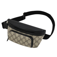 【GUCCI 古馳】GG Supreme 經典雙G緹花皮革拼接三用後背包胸口包腰包(駝/黑)