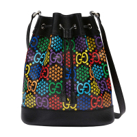 【GUCCI 古馳】598149 GG Psychedelic繽紛跳跳糖系列束繩水桶包/斜背包(黑色-全新展示品)