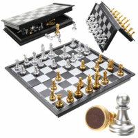 Upgraded Folding Magnetic Travel Chess Set For Kids Adults Chess Board Game Gold Silver Chess Pieces Board Contemporary Set