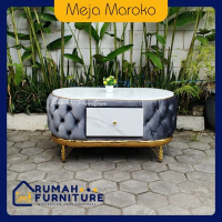 RUMAH FURNITURE Meja Maroko Minimalis Meja Tamu Modern dengan Laminasi HPL Motif Marmer & Kaki Besi 